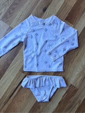 Rylee + Cru White Girls Long Sleeve Rashguard Swim Set with Light Blue Fish